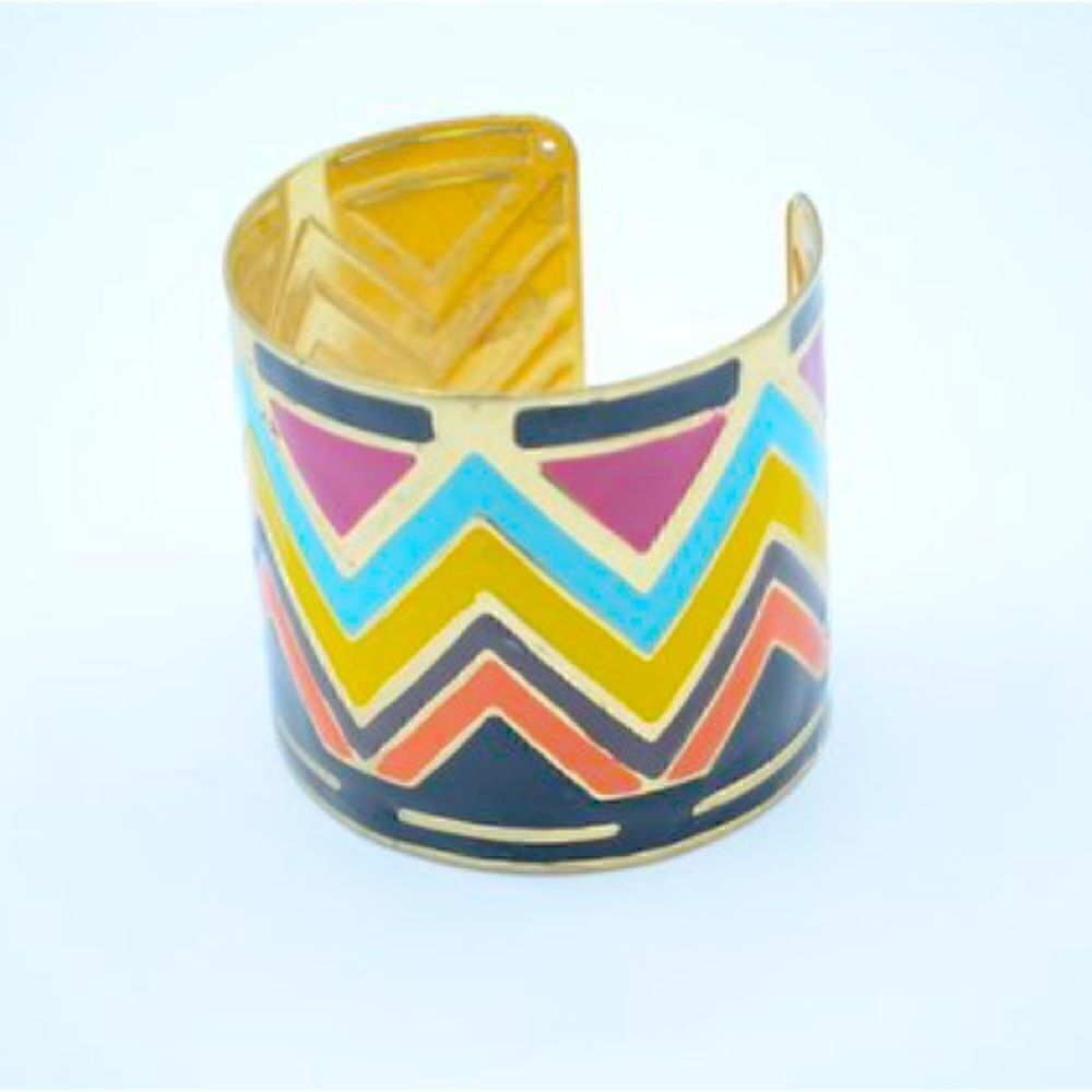 Enamel Cuff Bracelet With Colorful Chevron Design. - Picture 2 of 5